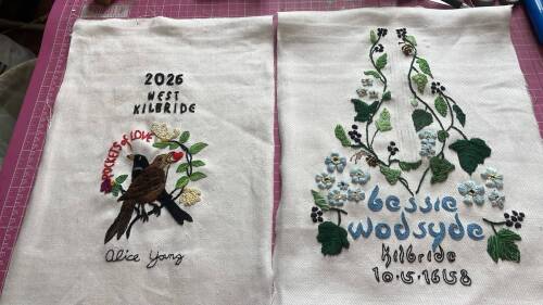 Pocket in progress for Bessie Wodsyde of Kilbride 1658, showing front and back embroidered panels